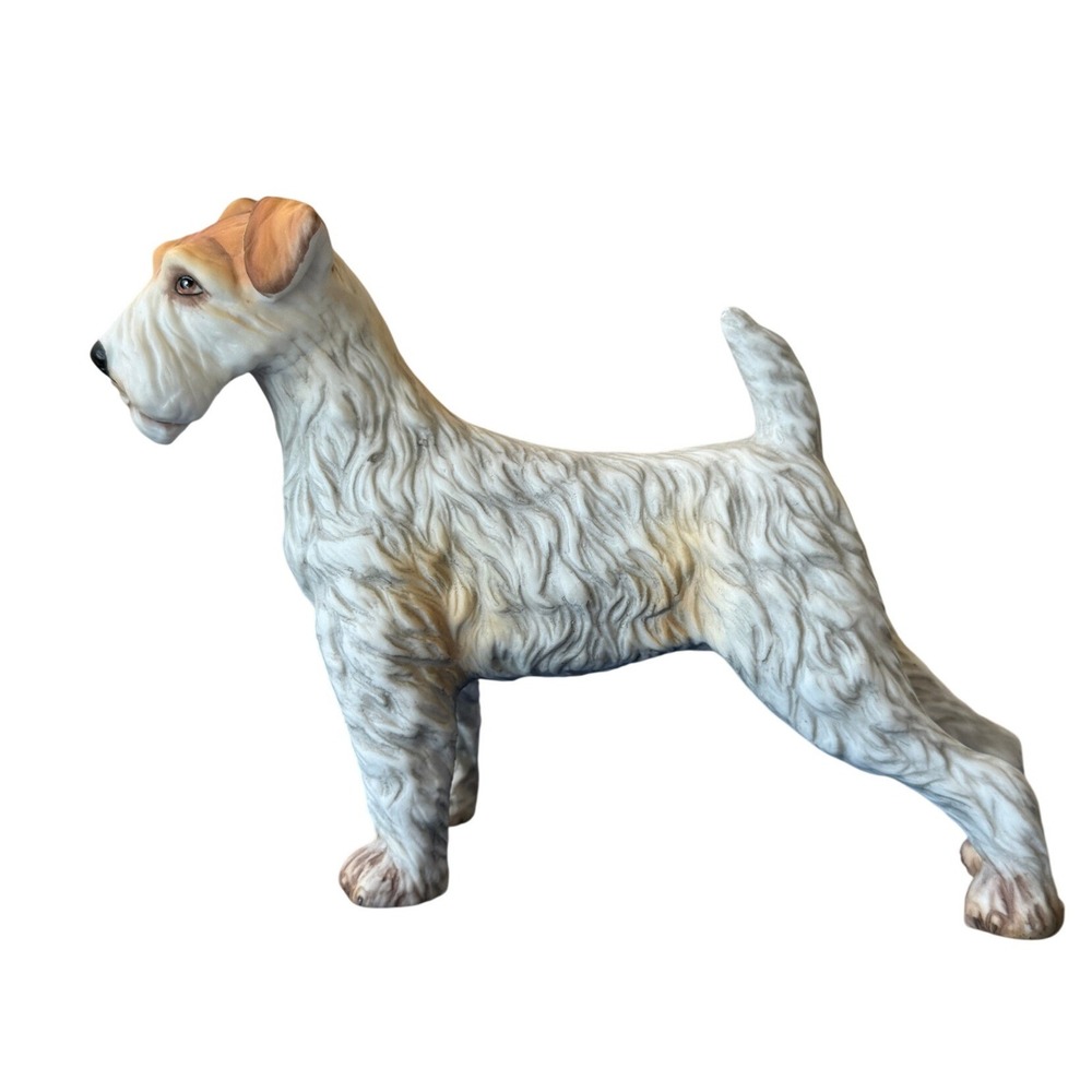 Vintage Wire Fox Terrier Porcelain Figurine Dog Statue White Tan Matte Finish